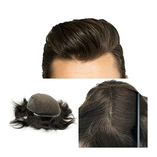 Perücken für Männer Toupet for Männer, Dunkelbraun, 2#, Echthaarteil, 20,3 x 25,4 cm, Spitzenfront mit PU-Hautbasis, Herrentoupet, natürlicher Haaransatz, atmungsaktives Haar, Herrentoupet Toupet von OVERALL