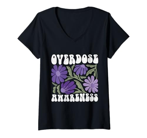 Damen Im August tragen wir lila Ribbon Overdose Awareness Flower T-Shirt mit V-Ausschnitt Damen Im August tragen wir lila Ribbon Overdose Awareness Flower T-Shirt mit V-Ausschnitt von OVERDOSE AWARENESS