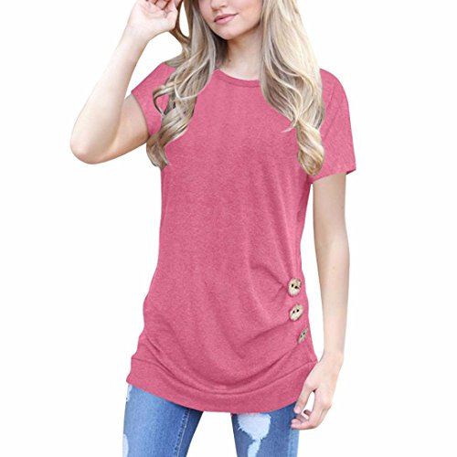 OVERDOSE Damen Kurzarm Lose Knopfleiste Bluse Einfarbig Rundhals Tunika T-Shirt Sommer Oberteil Tops(A-Pink,M) von OVERDOSE