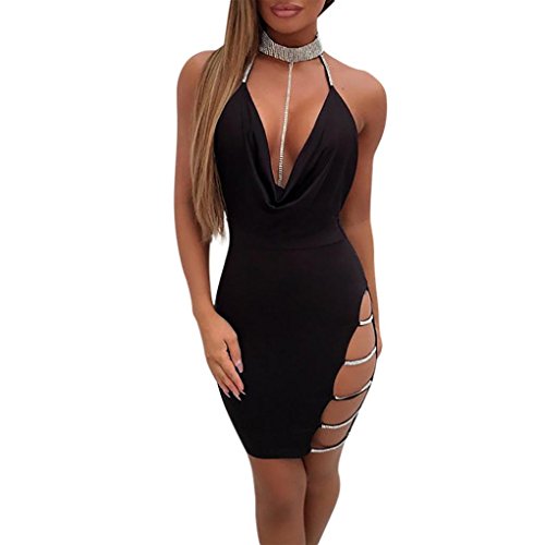 OVERDOSE Damen Tiefem V-Ausschnitt Neckholder Rückenfrei Choker Schlitz Pailletten Bodycon Minikleid Club Partyleid (A-Black,EU-36/CN-S) von OVERDOSE