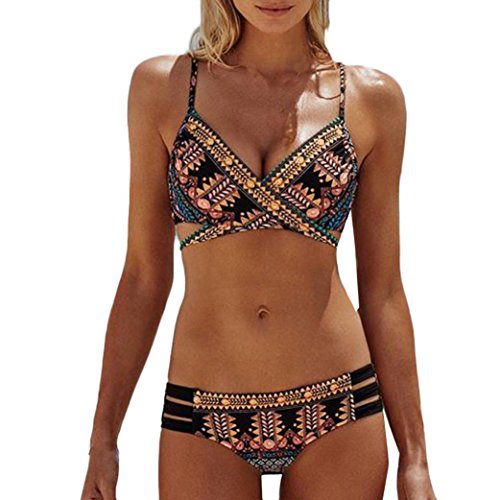 OVERDOSE Frauen Böhmen Push-Up Bikini Sets Gepolsterte BH Beach Damen Badeanzug Bademode Swimsuit Swimwear（Black,L von OVERDOSE
