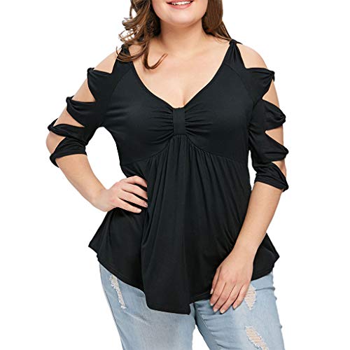 OVERDOSE Große Größe Frauen Spitze Schulterfrei T-Shirt Kurzarm Langarm Casual Top Bluse V-Ausschnitt Tops Casual T Shirt Oberteile Sommer Frühling Damen Blusentops (3XL, Z2-schwarz) von OVERDOSE
