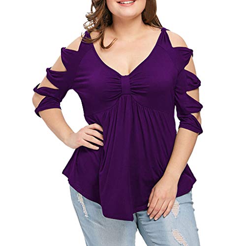 OVERDOSE Große Größe Frauen Spitze Schulterfrei T-Shirt Kurzarm Langarm Casual Top Bluse V-Ausschnitt Tops Casual T Shirt Oberteile Sommer Frühling Damen Blusentops (4XL, Z2-violett) von OVERDOSE