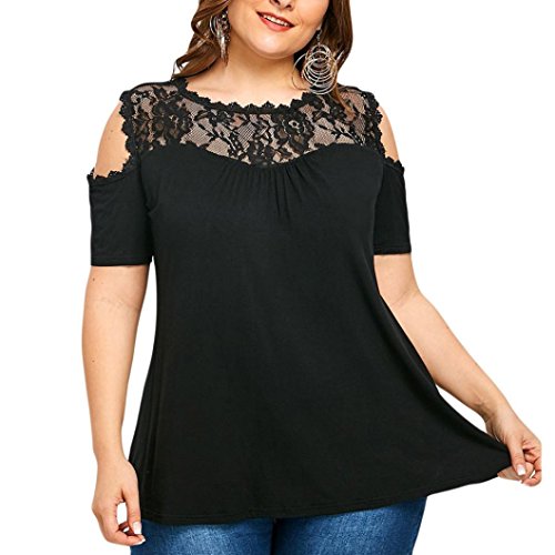 OVERDOSE Mode Damen Plus Größe Kalte Schulter Trägerlosen Spitze Kurzarm T-Shirt Tops Bluse Camisole Oberteile Pullis(Schwarz,5XL) von OVERDOSE