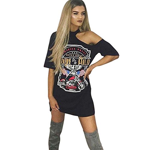 OVERDOSE Damen Frauen Vintages Weg vom Schulter Rock Art langes T-Shirt Minikleid Long Mini Dress (L, Schwarz) von OVERDOSE