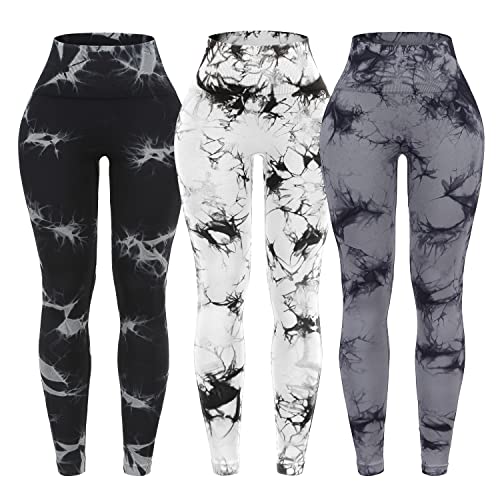 OVESPORT 3er-Pack Batik-Leggings mit hoher Taille, nahtlos, für Frauen, Scrunch, Po, Lifting, Yoga, Fitnessstudio, Sporthose, 3er-Pack - Schwarz/Grau/Weiß, M von OVESPORT