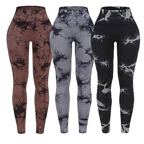 OVESPORT 3er-Pack nahtlose Workout-Leggings mit hoher Taille für Damen, Batikfärbung, für Yoga, Fitnessstudio, athletische Hosen, 3er-Pack, braun/grau/schwarz, M von OVESPORT