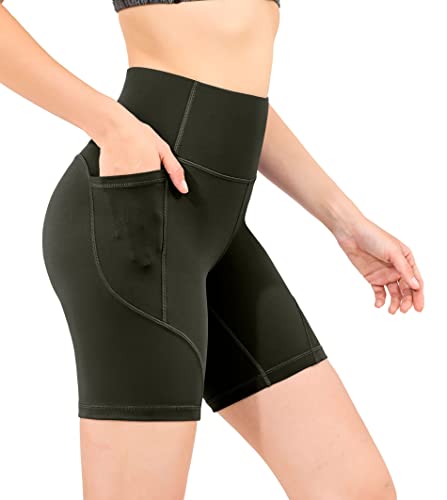 OVRUNS Damen Kurz High Waist Sporthose Kurze Hose Leggings Yoga Laufhose Shorts mit Eingrifftasche - Dunkle Olive XS von OVRUNS