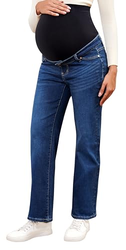OVRUNS Umstandsjeans mit geradem Bein, Denim, Umstandshose, dehnbar über dem Bauch, Schwangerschaftsjeans für Damen, Dunkelblau, 3X-Groß von OVRUNS