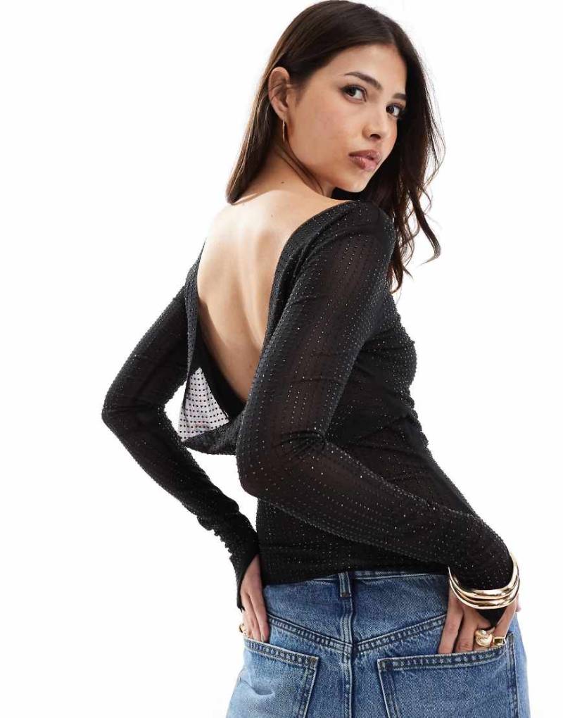 OW Collection - Mesha - Langärmlige Bluse in Schwarz mit Strassbesatz von OW Collection