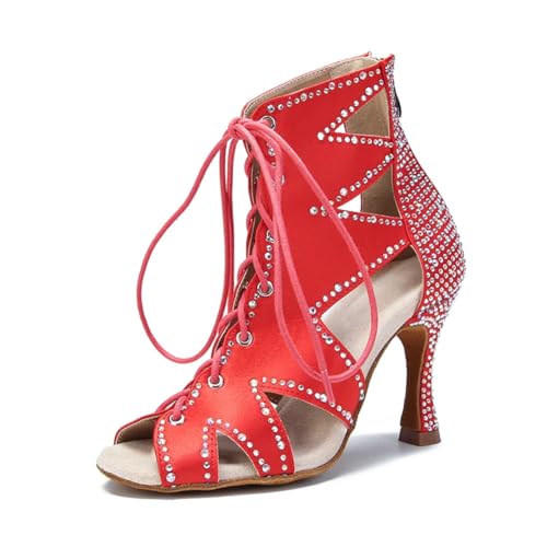 Damen Ballsaal Party Latein Dance Stiefel Schnürstiefel Stilettos High Heels Strass Tanzschuhe, Roter Absatz: 5 cm, 40 EU von OWEIEYEU