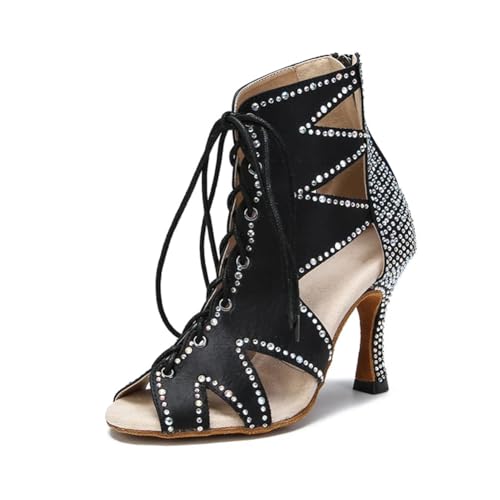 Damen Ballsaal Party Latein Dance Stiefel Schnürstiefel Stilettos High Heels Strass Tanzschuhe, Schwarzer 6 cm Absatz, 39 EU von OWEIEYEU