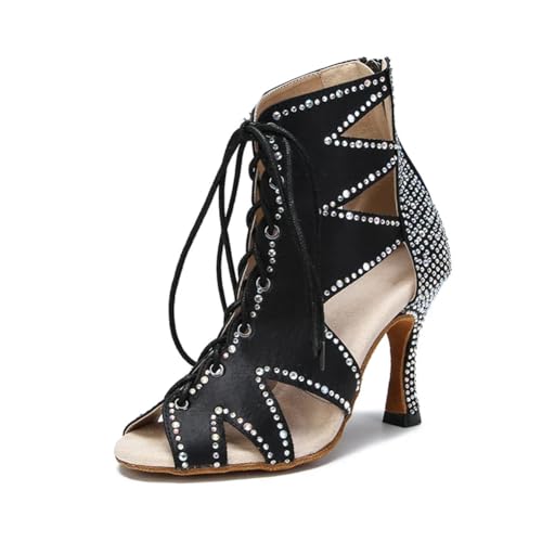 Damen Ballsaal Party Latein Dance Stiefel Schnürstiefel Stilettos High Heels Strass Tanzschuhe, Schwarzer Absatz 9 cm, 42 EU von OWEIEYEU