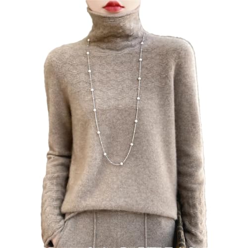 Damen Rollkragenpullover aus 100 % Merinowolle, nahtlos, einfarbig, Hohlstrickpullover, Hellbraun, L von OWEIEYEU
