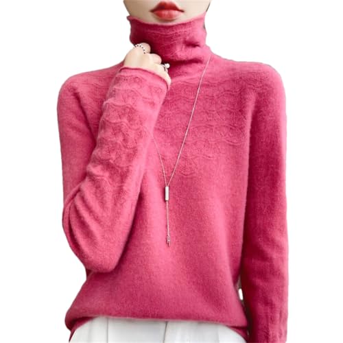 Damen Rollkragenpullover aus 100 % Merinowolle, nahtlos, einfarbig, Hohlstrickpullover, himbeere, L von OWEIEYEU