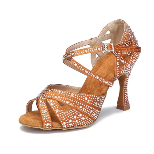 Damen Strass Latein-Tanzschuhe Tanzen High Heels Weiche Sohle Indoor Sandalen Hochzeit Party Schuhe, Brauner Absatz: 7 x 5 cm, 38.5 EU Damen Strass Latein-Tanzschuhe Tanzen High Heels Weiche Sohle Indoor Sandalen Hochzeit Party Schuhe, Brauner Absatz: 7 x 5 cm, 38.5 EU von OWEIEYEU