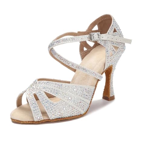 Damen Strass Latein-Tanzschuhe Tanzen High Heels Weiche Sohle Indoor Sandalen Hochzeit Party Schuhe, Silberfarbener Absatz, 7 x 5 cm, 38.5 EU Damen Strass Latein-Tanzschuhe Tanzen High Heels Weiche Sohle Indoor Sandalen Hochzeit Party Schuhe, Silberfarbener Absatz, 7 x 5 cm, 38.5 EU von OWEIEYEU