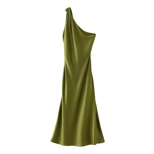 OWEIEYEU Damen Asymmetrisches One-Shoulder-Satinkleid Sommer Aushöhlen Rückenfrei Ärmelloses Midikleid, Army En8, X-Small von OWEIEYEU
