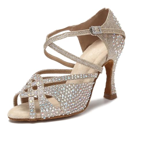 OWEIEYEU Damen Ballsaal Latein Tanzschuhe Tango Salsa High Heels gekreuzte Riemchen Tanzsandalen, Goldener Absatz: 10 cm, 42 EU OWEIEYEU Damen Ballsaal Latein Tanzschuhe Tango Salsa High Heels gekreuzte Riemchen Tanzsandalen, Goldener Absatz: 10 cm, 42 EU von OWEIEYEU