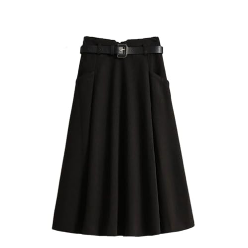 OWEIEYEU Damen Faltenrock A-Linie, hohe Taille, einfarbig, Business, Büro, dicker mittellanger Rock, Schwarz , M von OWEIEYEU