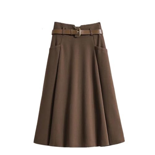 OWEIEYEU Damen Faltenrock A-Linie, hohe Taille, einfarbig, Business, Büro, dicker mittellanger Rock, coffee, L von OWEIEYEU