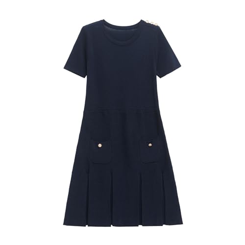 OWEIEYEU Damen Gold Knöpfe Breit Plissee Strickkleid Rundhals Kurzarm Lose Casual Minikleid, Schwarz , S von OWEIEYEU