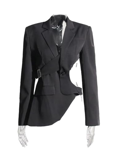OWEIEYEU Damen Hohl Rückenfrei Blazer Gekerbter Kragen Patchwork Knopf Unregelmäßiger Blazer, Schwarz , M OWEIEYEU Damen Hohl Rückenfrei Blazer Gekerbter Kragen Patchwork Knopf Unregelmäßiger Blazer, Schwarz , M von OWEIEYEU