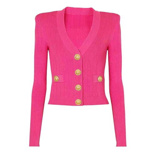 OWEIEYEU Damen Klassische Knopfleiste Vielseitige Jacke Einreiher Strickpullover Cardigan Pullover, fuchsia, S von OWEIEYEU
