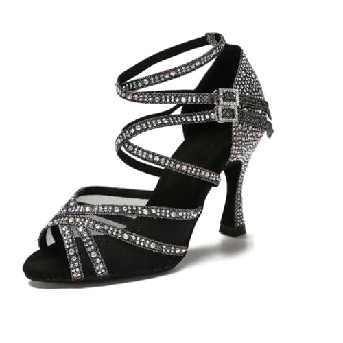 OWEIEYEU Damen Latein Tanzschuhe Strass Ballsaal Tanzschuhe Hochzeit Party High Heels Sandalen, Schwarzer Absatz 9 cm, 36.5 EU von OWEIEYEU