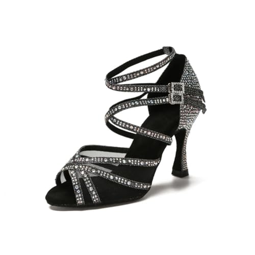 OWEIEYEU Damen Latein Tanzschuhe Strass Ballsaal Tanzschuhe Hochzeit Party High Heels Sandalen, Schwarzer Absatz: 5 cm, 39 EU von OWEIEYEU