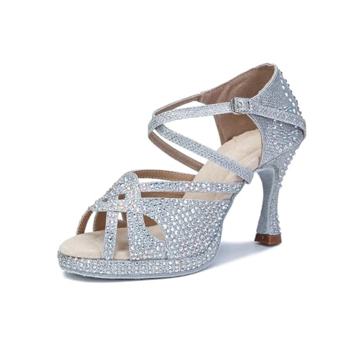 OWEIEYEU Damen Plateau Latein Tanzschuhe Tango High Heels Ballsaal Tanzschuhe Strass Sandalen, Silberfarbener Absatz, 5 cm, 40 EU OWEIEYEU Damen Plateau Latein Tanzschuhe Tango High Heels Ballsaal Tanzschuhe Strass Sandalen, Silberfarbener Absatz, 5 cm, 40 EU von OWEIEYEU