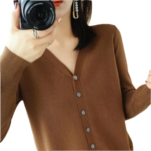 OWEIEYEU Damen-Strickjacke, einreihig, V-Ausschnitt, Strickpullover, einfarbig, Pullover, dunkelbraun, 48 von OWEIEYEU