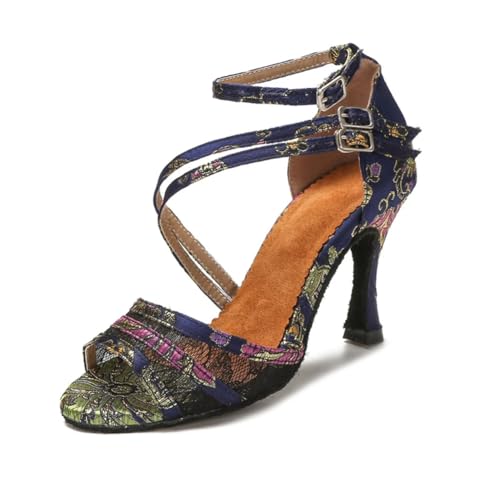 OWEIEYEU Damen Tango Salsa Latein Tanzschuhe Ballsaal Trainingsschuhe Gedruckt High Heel Sandalen Sneakers, Blauer Absatz: 5 cm, 40 EU von OWEIEYEU