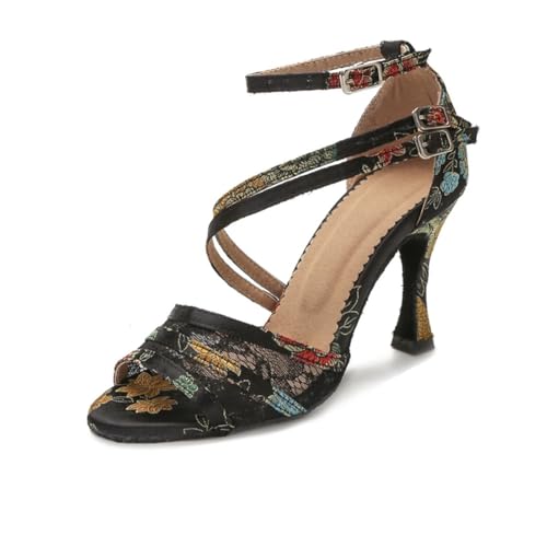 OWEIEYEU Damen Tango Salsa Latein Tanzschuhe Ballsaal Trainingsschuhe Gedruckt High Heel Sandalen Sneakers, Schwarz, 7 cm Absatz, 40.5 EU von OWEIEYEU