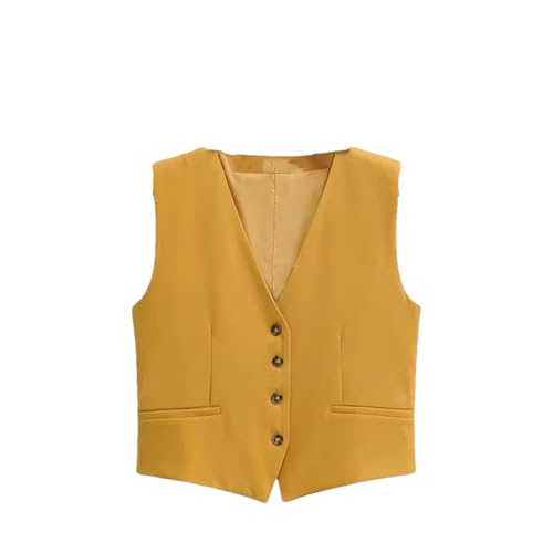 OWEIEYEU Damen V-Ausschnitt Einreiher Anzug Weste Basic Casual Style Slim Kurz Ärmellos Jacke Top, gelb, 38 von OWEIEYEU