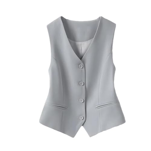 OWEIEYEU Damen V-Ausschnitt Kurz Anzugweste Einreiher Büro Weste Mantel Dünne Kurze Weste, grau, 48 von OWEIEYEU
