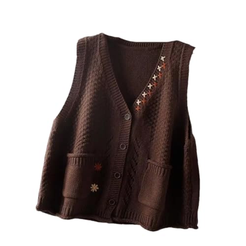 OWEIEYEU Damen V-Ausschnitt Slim Strickweste Retro Sweater Lose Ärmellos Top, braun, XL von OWEIEYEU
