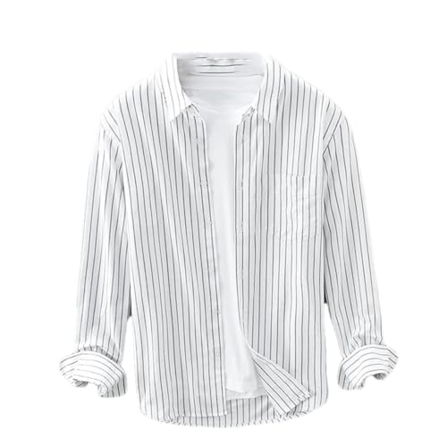 OWEIEYEU Gestreiftes Herrenhemd aus Baumwolle, mit Tasche, Business-Hemd, leger, lockere und dünne Kleidung, 10-02-m8803-04, L von OWEIEYEU
