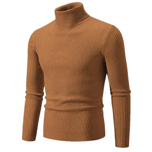 OWEIEYEU Herren Herbst und Winter Rollkragenhemd Slim Langarm Warm Gestreift Einfarbig Strickpullover für Herren, caramel, 3XL von OWEIEYEU