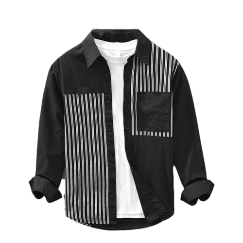 OWEIEYEU Herren Patchwork Tasche Baumwolle Gestreiftes Hemd Langarm Slim Kontrast Casual Top, 95 Shirt Herren 01, L von OWEIEYEU