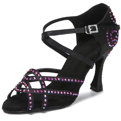 OWEIEYEU Lateinamerikanische Tanzschuhe für Damen, Satin, Strass, weiche Unterseite, Ballsaal, Tanzsandalen, Hochzeit, High Heels, Violetter Absatz: 8 - 5 cm, 37 EU von OWEIEYEU