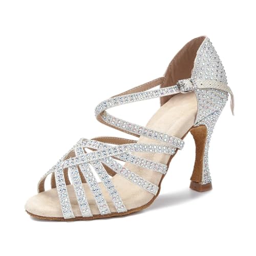 OWEIEYEU Lateinamerikanische Tanzschuhe für Damen, Strass, Salsa, Tango, Ballsaal, Tanzschuhe, Hochzeit, Party, elegante Sandalen, Silberfarbener Absatz: 9 cm, 40 EU OWEIEYEU Lateinamerikanische Tanzschuhe für Damen, Strass, Salsa, Tango, Ballsaal, Tanzschuhe, Hochzeit, Party, elegante Sandalen, Silberfarbener Absatz: 9 cm, 40 EU von OWEIEYEU