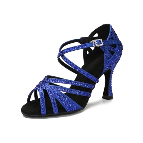 OWEIEYEU Lateinamerikanische Tanzschuhe für Damen, Tango, Rumba, Ballsaal, Strass, Sandalen, Hochzeit, Party, Absätze, Blauer Absatz: 5 cm, 36.5 EU von OWEIEYEU