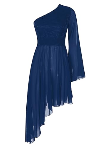 OWEIEYEU Lyrisches Damen-Tanzkleid, eine Schulter, ausgestellte Ärmel, florale Spitze, Chiffon, Patchwork-Tanzbekleidung, marineblau, S von OWEIEYEU