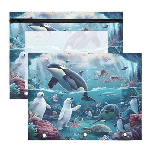 Federmäppchen für 3-Ringbinder, Federmäppchen, transparentes Fenster, oben, großes Fassungsvermögen, für Büro, Schule, 2 Stück, Marine Killer Wal von OWFKAY