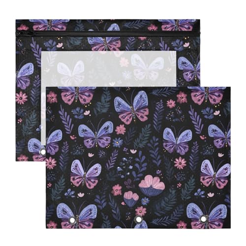 Federmäppchen für 3-Ringbinder, Federmäppchen, transparentes Fenster, oben, großes Fassungsvermögen, für Büro, Schule, 2 Stück, blau, rosa, Schmetterling, Gras, Blumenmuster von OWFKAY