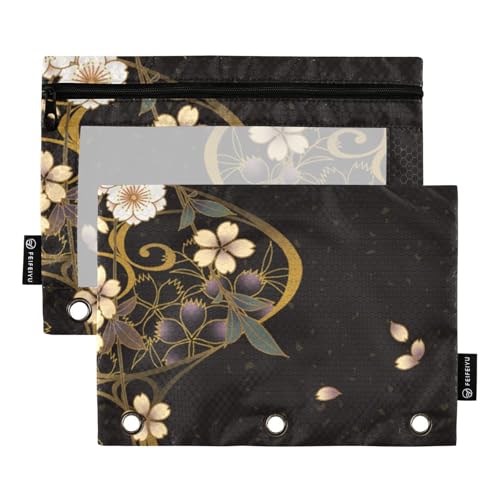 OWFKAY Federmäppchen für 3-Ring-Ordner, Großpackung, 3 Löcher, Reißverschluss, mit transparentem Fenster, Kirschblut auf Schwarz, Kirschblut auf Schwarz, one sizex2, Kulturbeutel von OWFKAY