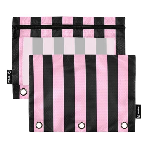 OWFKAY Federmäppchen für 3-Ring-Ordner, Großpackung mit 3 Löchern, Reißverschluss, Klarsichtfenster, Rosa und Schwarz, vertikales Streifenmuster, Vertikales Streifenmuster in Rosa und Schwarz, one von OWFKAY