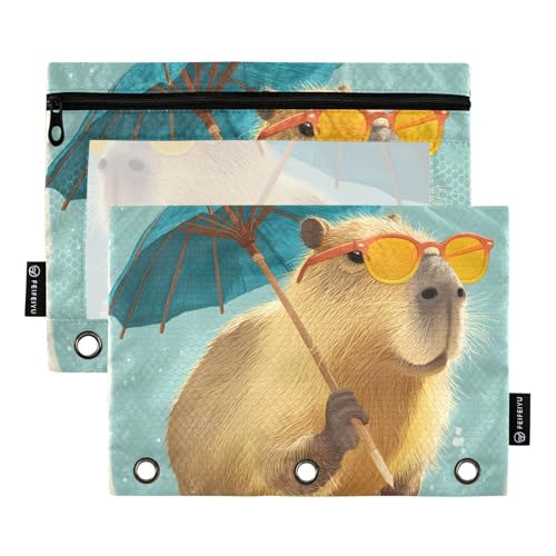 OWFKAY Federmäppchen für 3-Ring-Ordner, Großpackung mit 3 Löchern, Reißverschluss, mit transparentem Fenster, Capybara-Regenschirm, Capybara Regenschirm, one sizex2, Kulturbeutel von OWFKAY