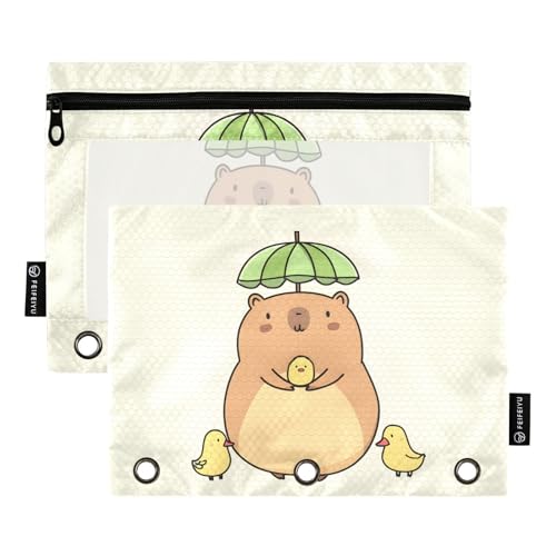 OWFKAY Federmäppchen für 3-Ring-Ordner, Großpackung mit 3 Löchern, Reißverschluss, mit transparentem Fenster, Capybara mit Regenschirm auf dem Kopf, Capybara mit Regenschirm auf dem Kopf, one sizex2 von OWFKAY